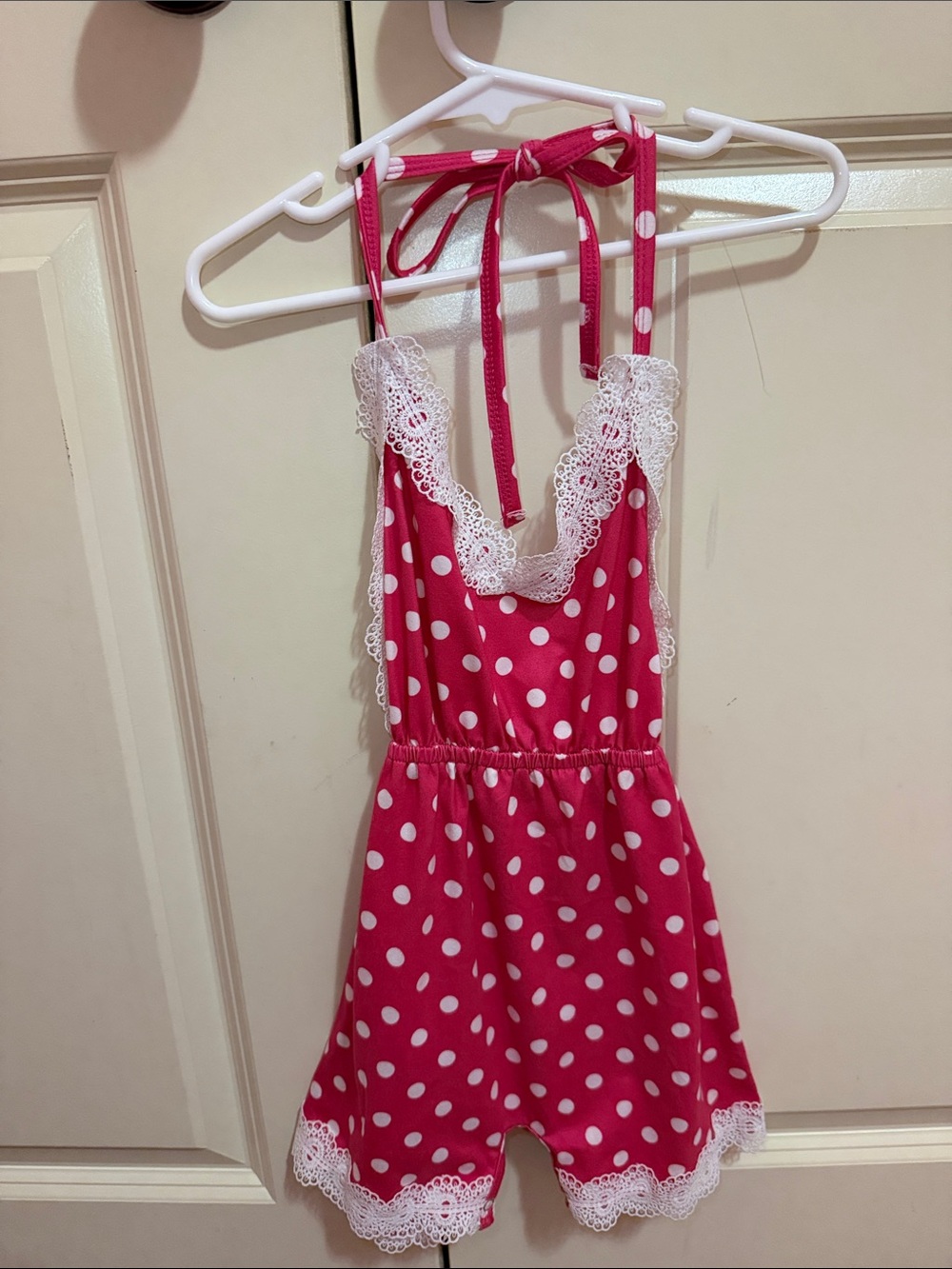 Girls' Hot Pink Polka Dot Lace-Trim Halter Romper
